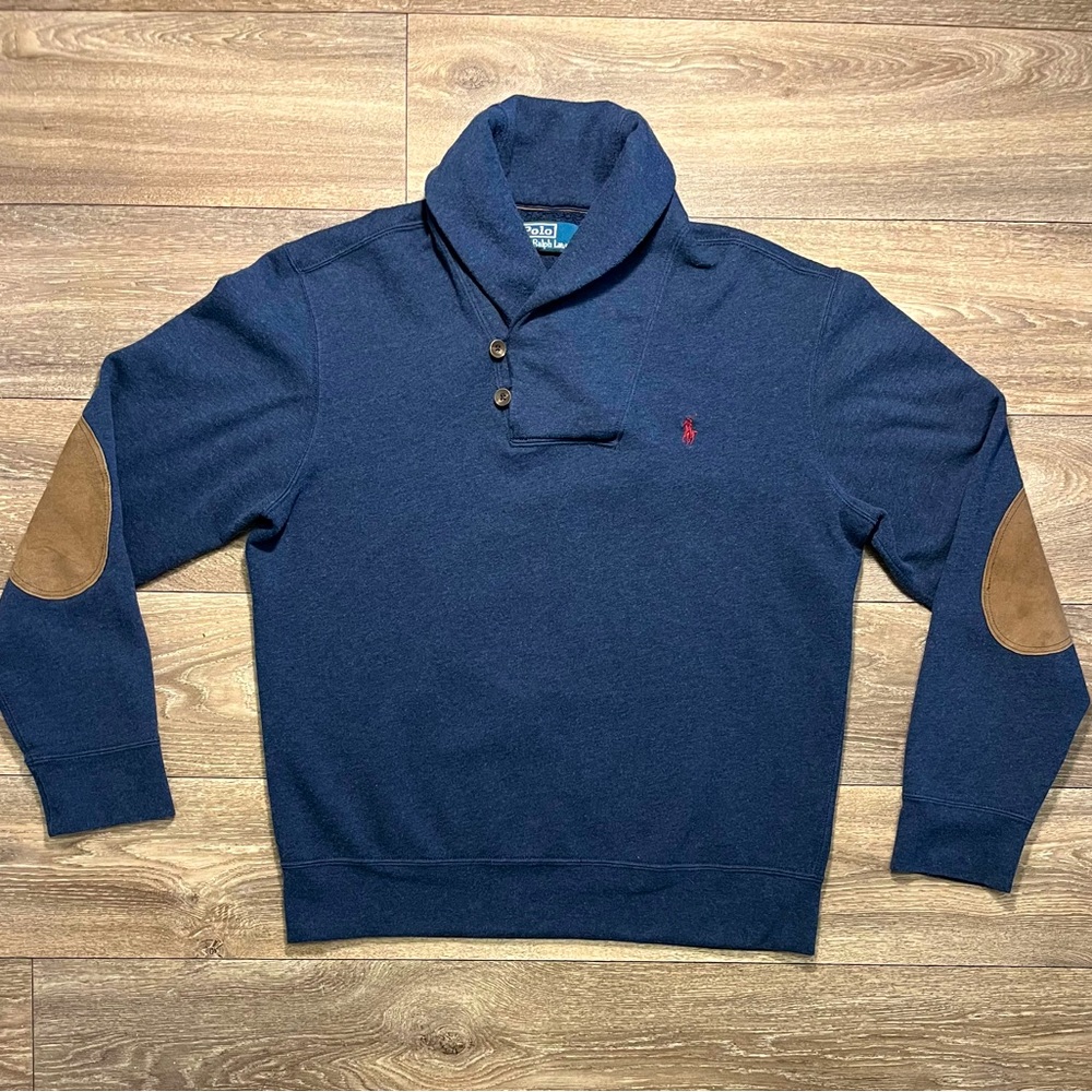 Polo Ralph Lauren Luxury Jersey Shawl Collar Pullover Sweater With Elbow Patches